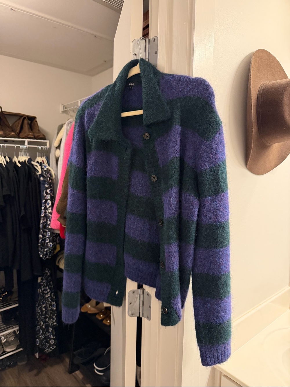 Rails Striped Fuzzy Cardigan in Purple & Dark Green